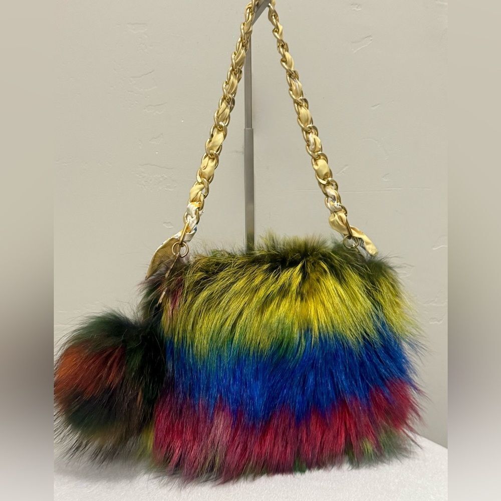 Colorful Real Finn Raccoon Fur Handmade Multi Use Bag & Fur Pom-Pom Charm